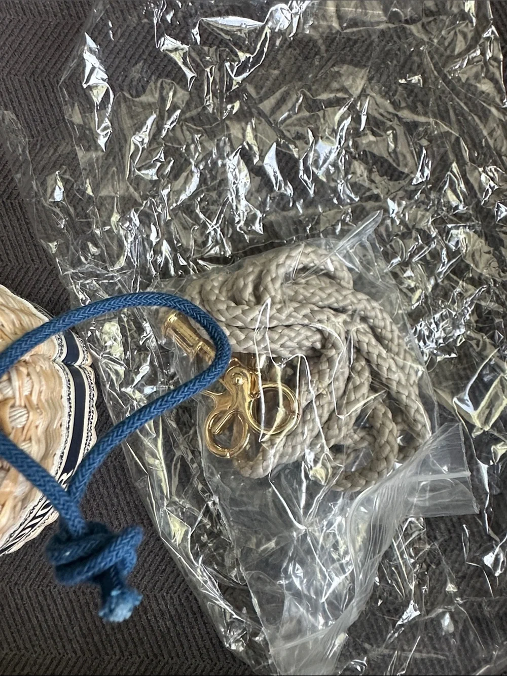 Dior Straw Drawstring Pouch with Navy Logo Band - Beige & Navy mini